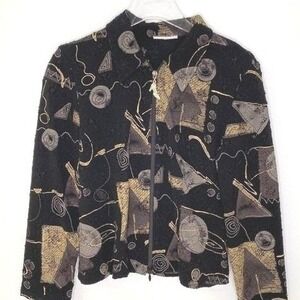 Vintage Abstract Geometric Zip Up Jacket Black Gold Rhinestone Shoe Pull Sz M